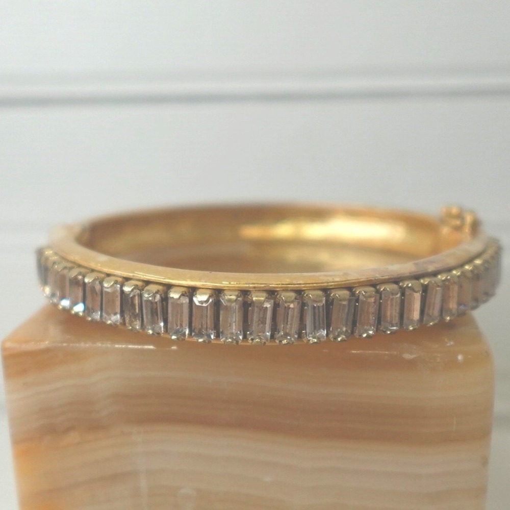 Vintage Gold Tone Hinged Bangle Bracelet Baguette Rhinestones & Lock Clasp